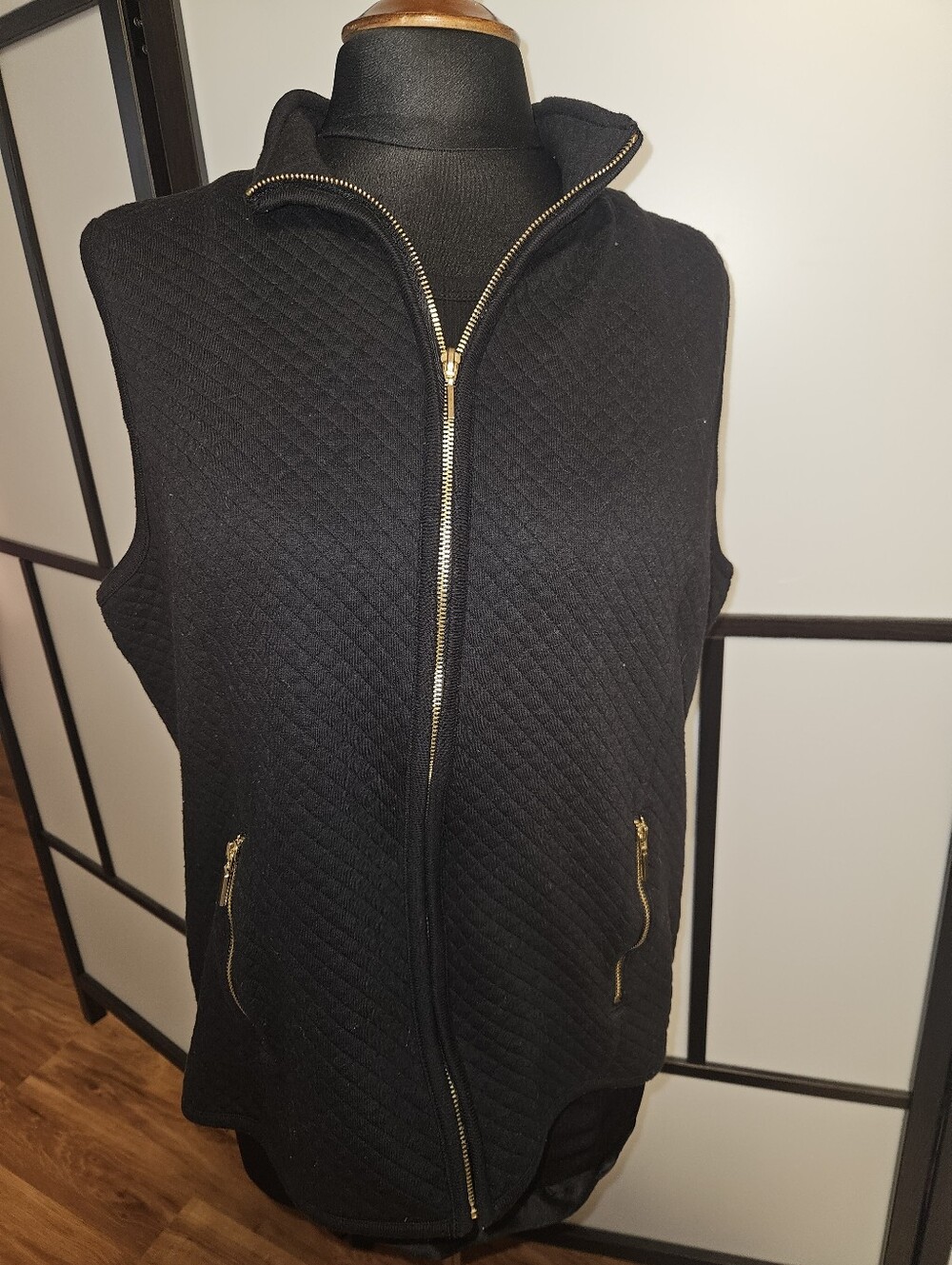 Karen Scott Black Quilted Vest with Gold Zippers